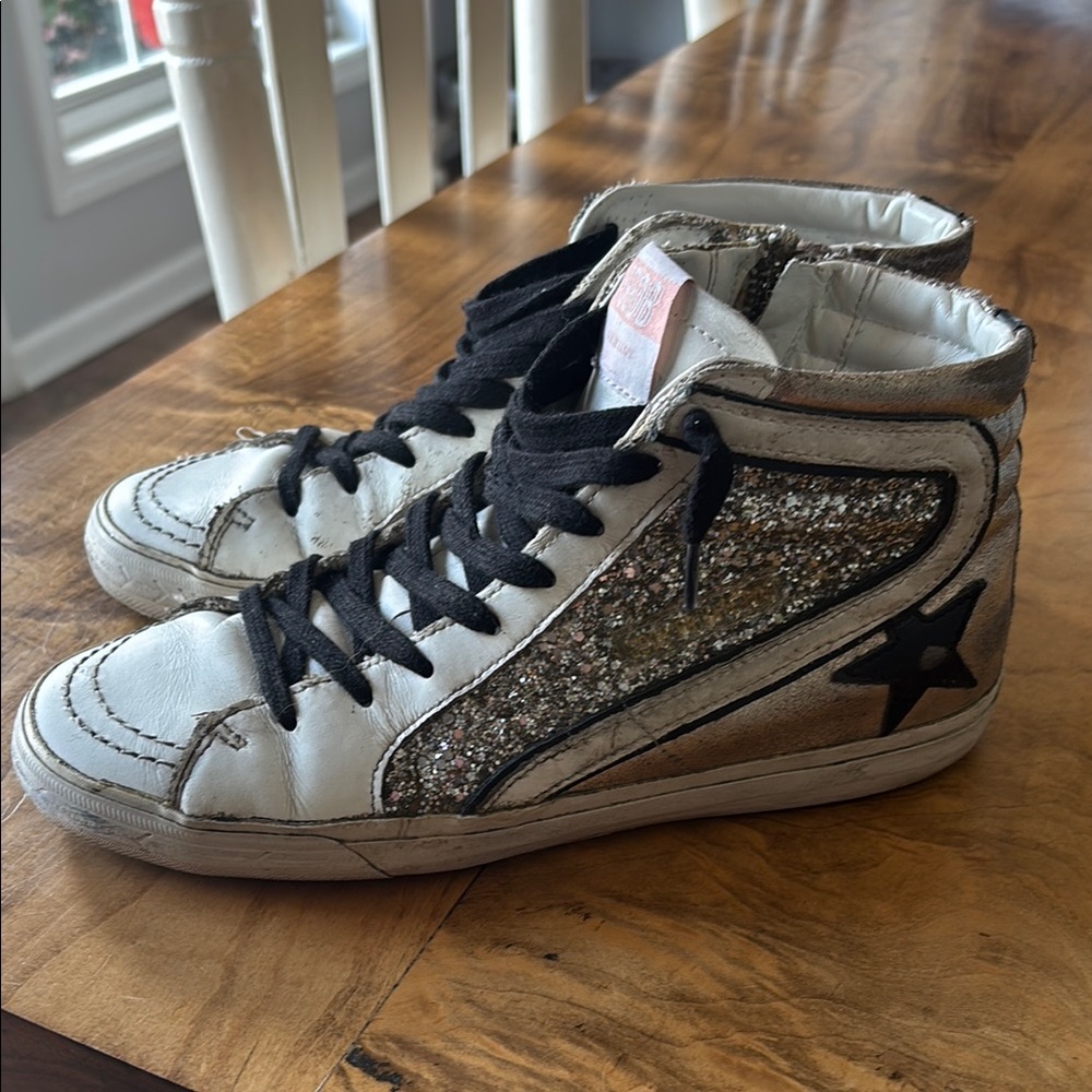Golden Goose White and Black High-Top Sneakers